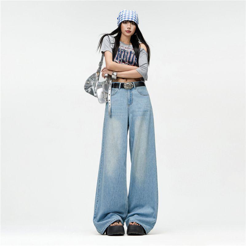Spring Summer Lyocell Tencel Cotton Thin Drape Relaxed Pocket Floor Wide Leg Denim Pants For Ladies Casual Pants Oversize Denim Trousers