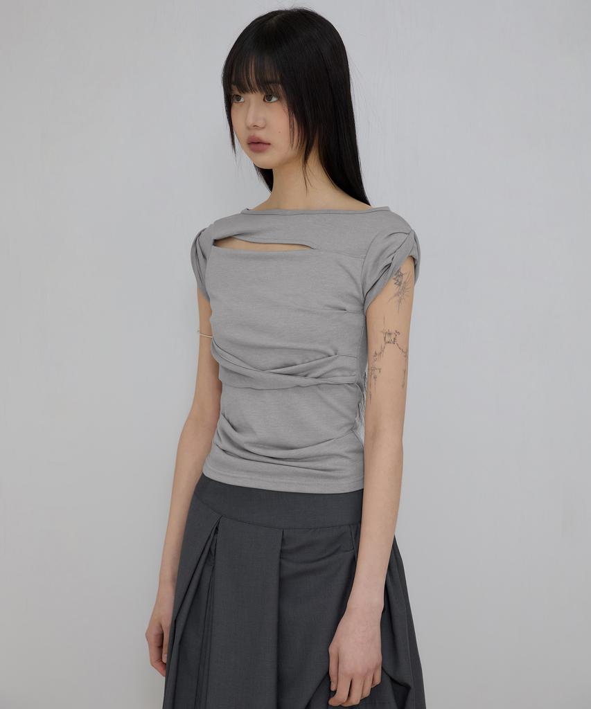 Peulleeoeob Asymmetrical Draped Roll-Up T-Shirt (Fl-165_Gray)