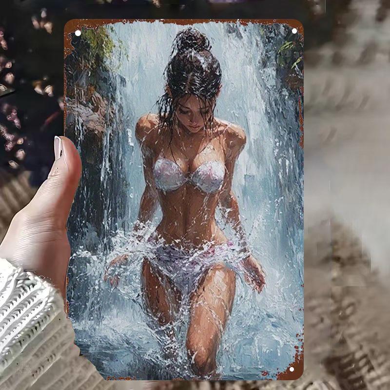 Vintage Artistic Asian Woman Metal Tin Sign Retro Painterly Girl with Wet High Bun In White Bikini Posing In Waterfall Stream