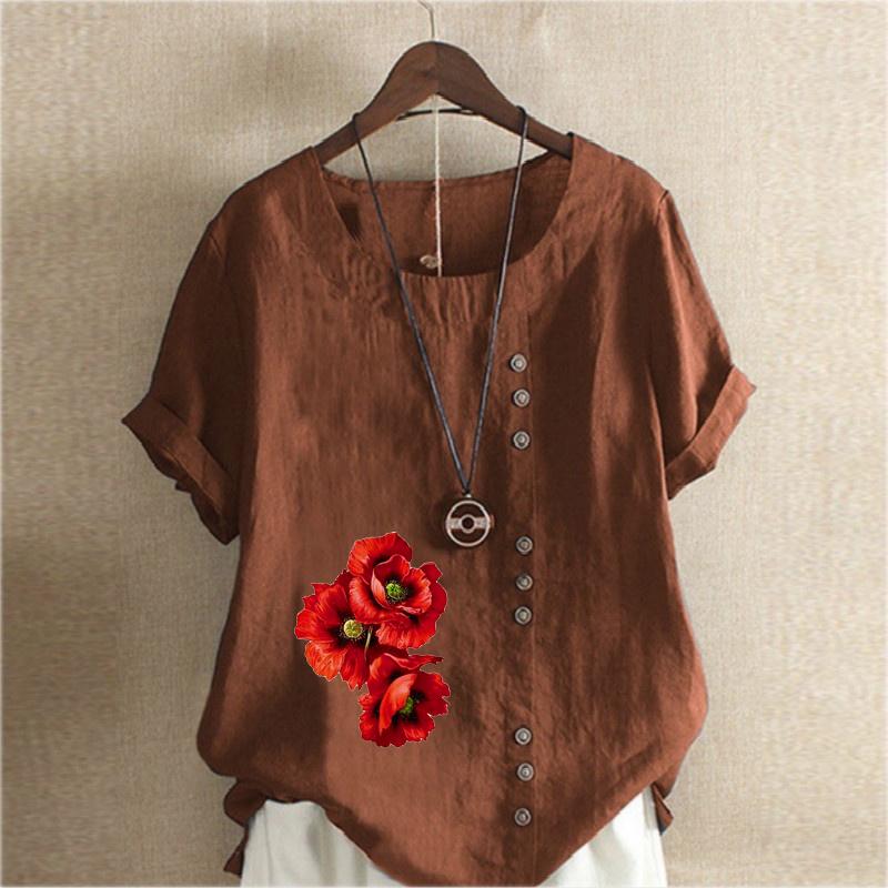 Women's Fashion Round Neck Short Sleeve T-shirt Casual Cotton Linen Graphic Shirt Red Flowers Prined Summer Blouse Tops Plus Size