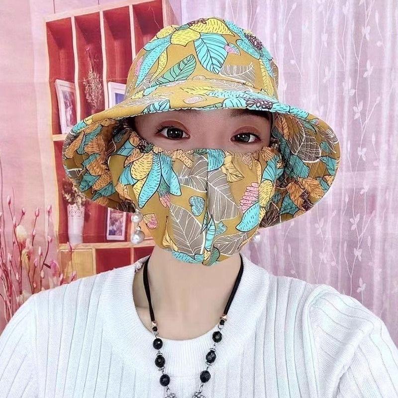 New Bucket Hat Sunscreen Mask Summer Hat Integrated Sun Hat Face Cover Ultraviolet Outdoor Tea Picking Hat Floral