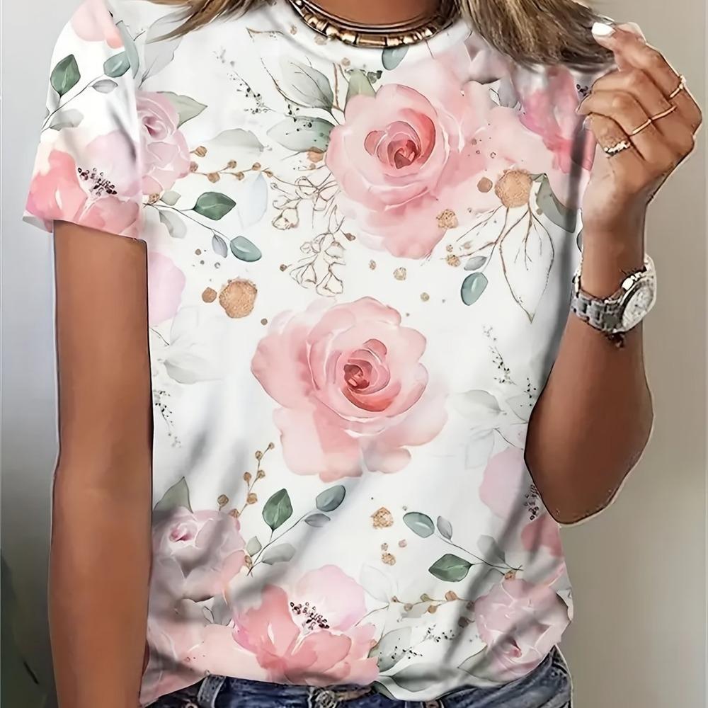 Elegantes, Modisches Und Frisches Blumenmuster Sommer Rundhals Damen Slim T-Shirt Sommer Lässig Vielseitiges Damen 2K Top