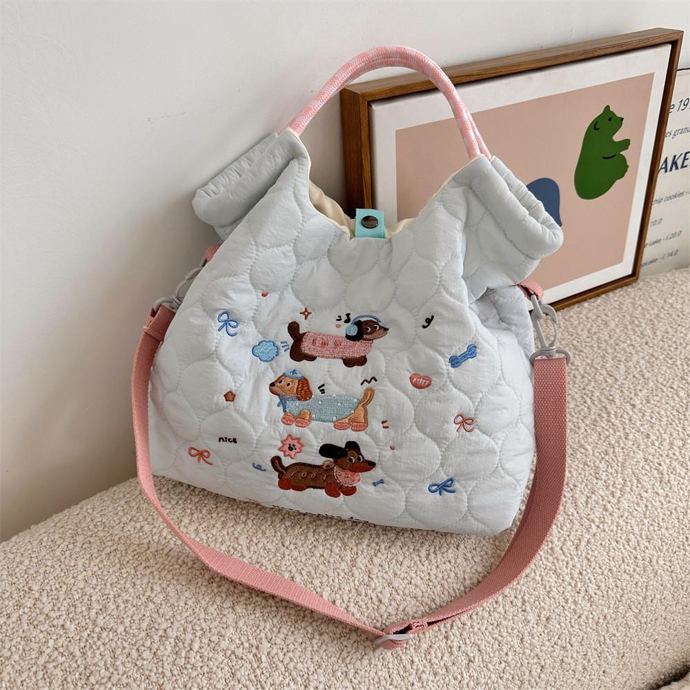 Embroidered Stylish Cartoon Tote Bag Cozy Medium Size Shoulder Bag Featuring Soft Polyester Material And Design Cute Commuter