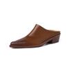 2024 New Ladies Genuine Leather Mules Fashion High Heel Chunky Heels Summer Slippers Women Casual Office Black Brown Shoes Woman