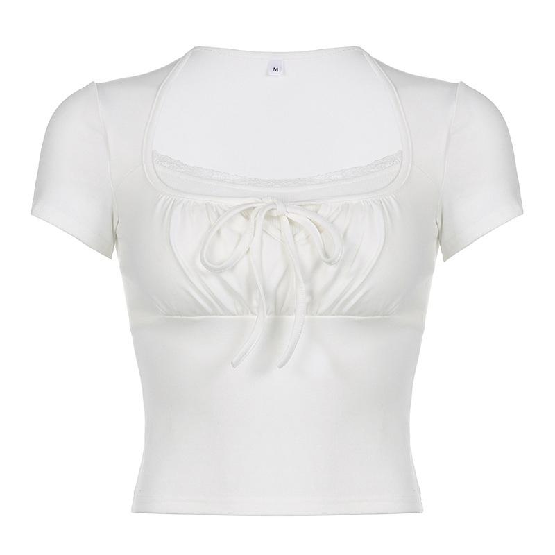 2KWEIRD Casual White Knitted Lace Patched Female T-shirts Y2K Korean Style Slim Tie Up Shirring Summer Top Tee Folds Outfits