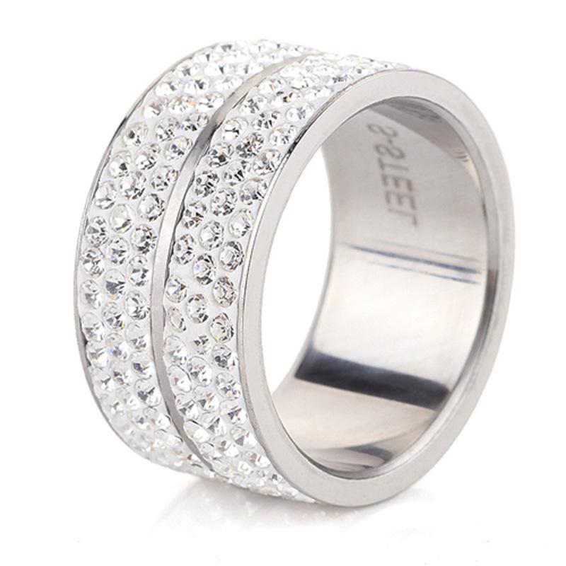 Stylish 12MM Stainless Steel Double Row Rhinestone Ring