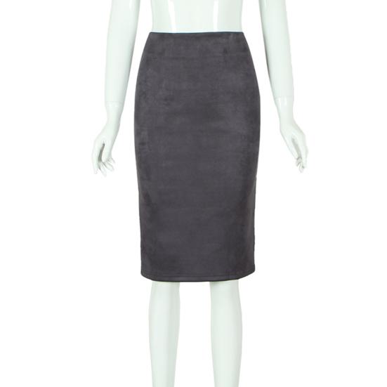 Women Pencil Skirt High Waist Hip Wrapped Solid Color Suede Skirt Back Slit Design Zipper Placket Knee-Length Skirt