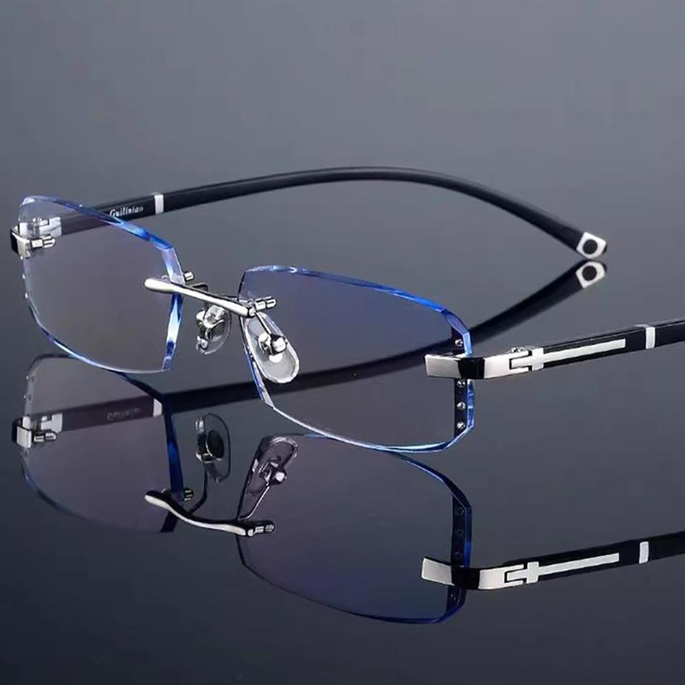 Men Reading Glasses Rimless Cut Edge Presbyopic Glasses Anti Blue Light Anti Fatigue Plus Glasses Presbyopia Clear Lens