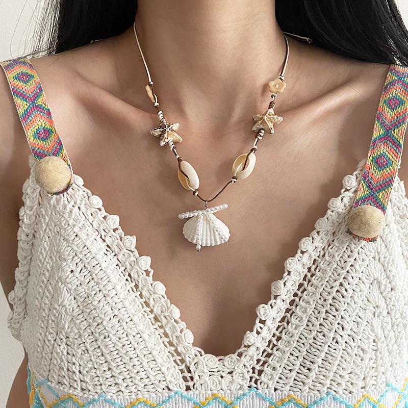 Bohemian Starfish Shell Pearl Necklace - Vacation Vibe Y2k Hot Girl Collarbone Chain