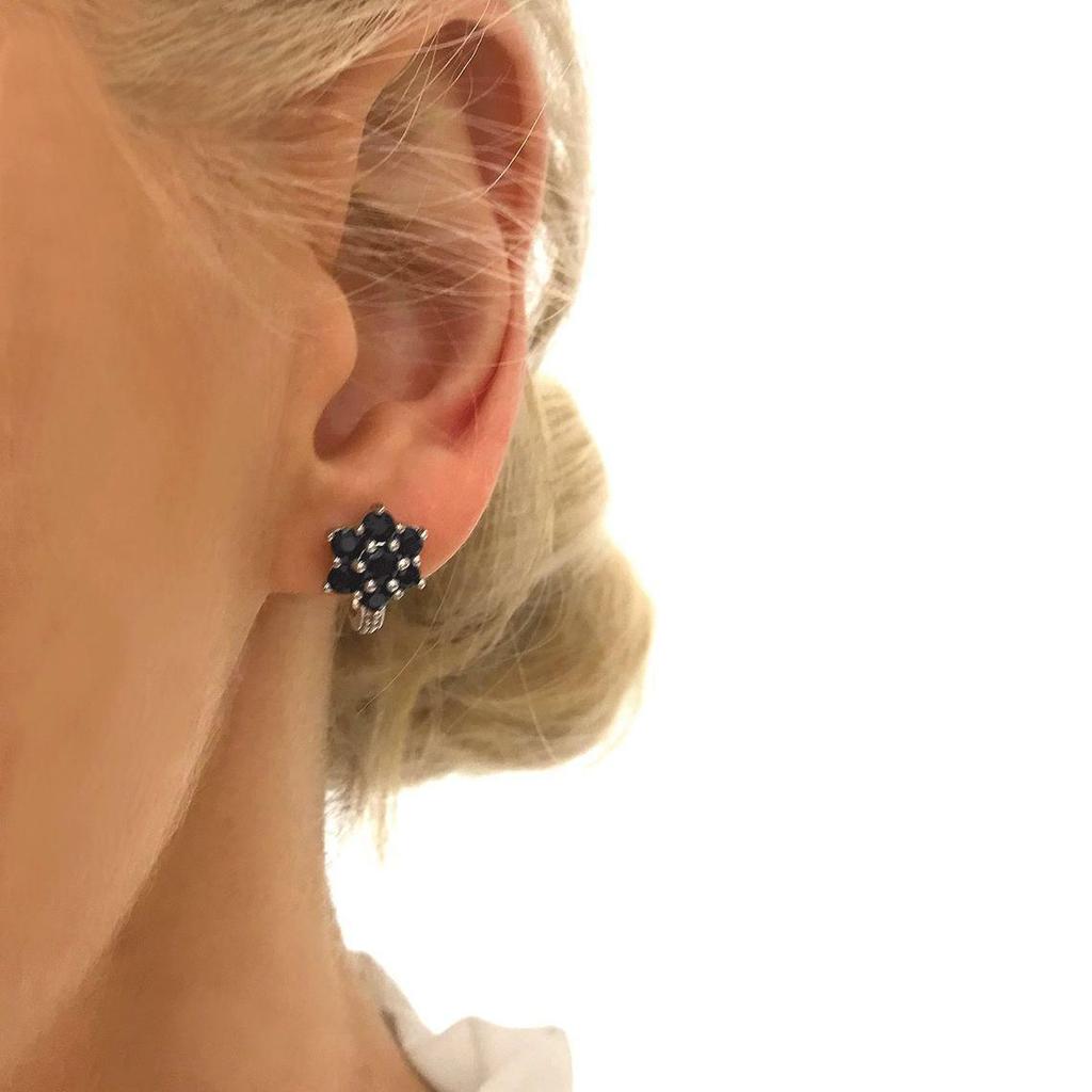 Handmade Fine Silver Genuine Blue Sapphire Cluster Flower Stud Earrings For Her