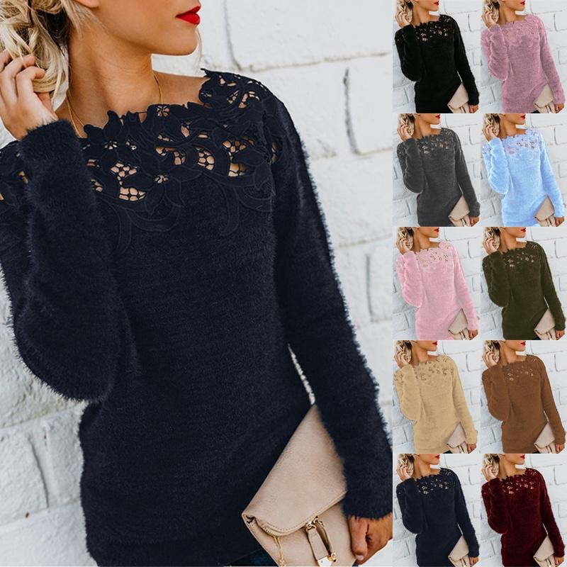Pulovere confortabile de damă pentru toamnă-iarnă, din fleece, cu design elegant din dantelă, pentru stil