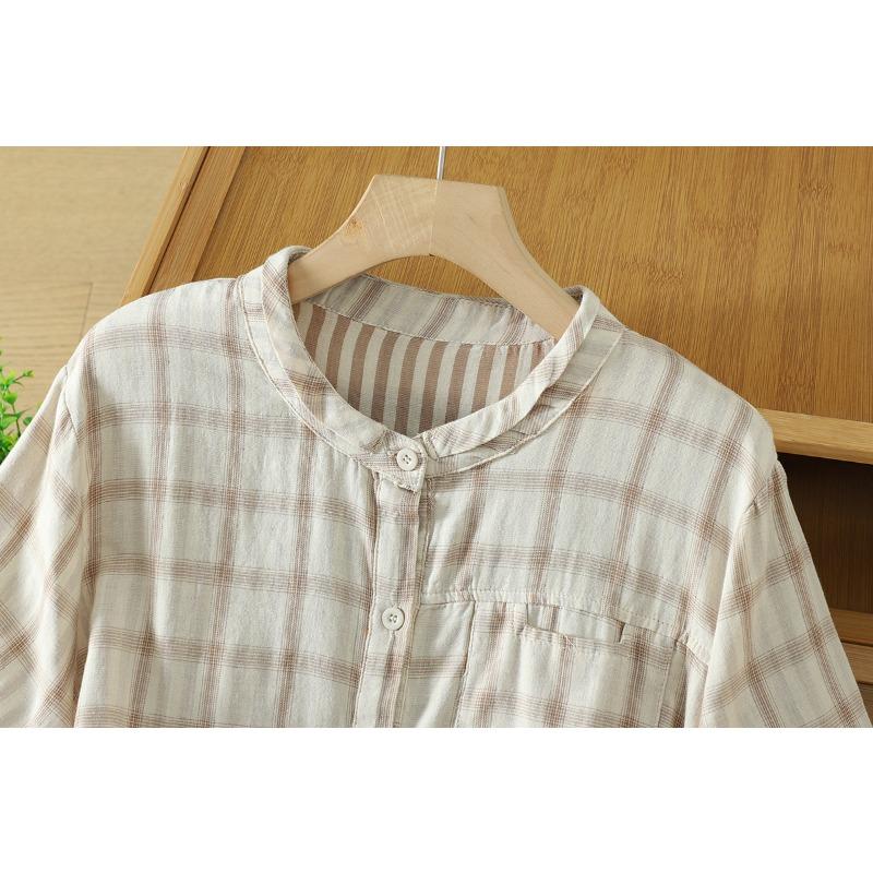 DIMANAF 2026 Plus Size Summer Women Blouse Shirts Tunic Oversize Loose Casual Cotton Lady Tops Vintage Plaid