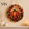 Party Decoration Accessory Fall Pumpkin Sunflower Wreath Hanging Decor, Acrylic Hand Painted Festive Window Ornament, Thanksgiving Halloween