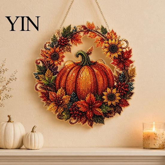 Party Decoration Accessory Fall Pumpkin Sunflower Wreath Hanging Decor, Acrylic Hand Painted Festive Window Ornament, Thanksgiving Halloween