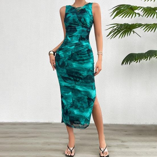 Yousheng Women Bodycon Maxi Dress Summer Sleeveless Ruched High Slit Tank Dress Floral Mesh Beach Vacation Party