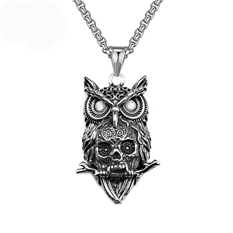 Punk Style Titanium Steel Owl Skull Necklace Retro Dark Pendant