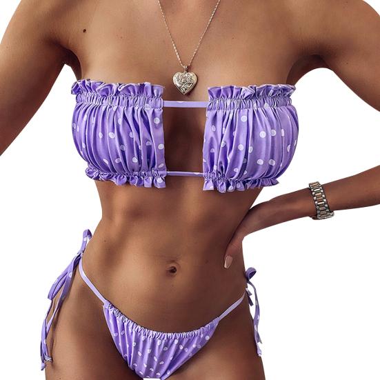 Women Sexy Leopard Pleated Tube Top Bra G-string Briefs Bikini Set Swimsuit