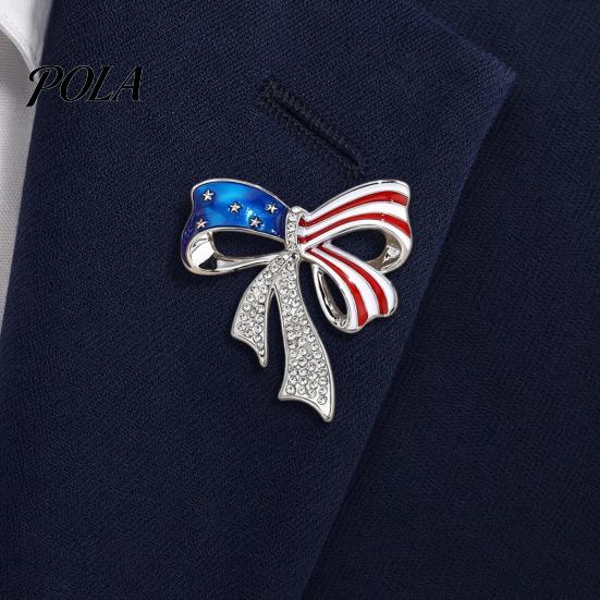 Independence Day Jewelry Bow Brooch Pin, Patriotic Rhinestone Lapel Sweater Cardigan Coat Suit Accessory, Gift for 4th of July Alloy Pin