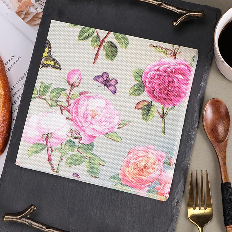 20Pcs/pack Rose Flower Butterfly Printed Table Napkins Wood Pulp Paper Party Disposable Placemats