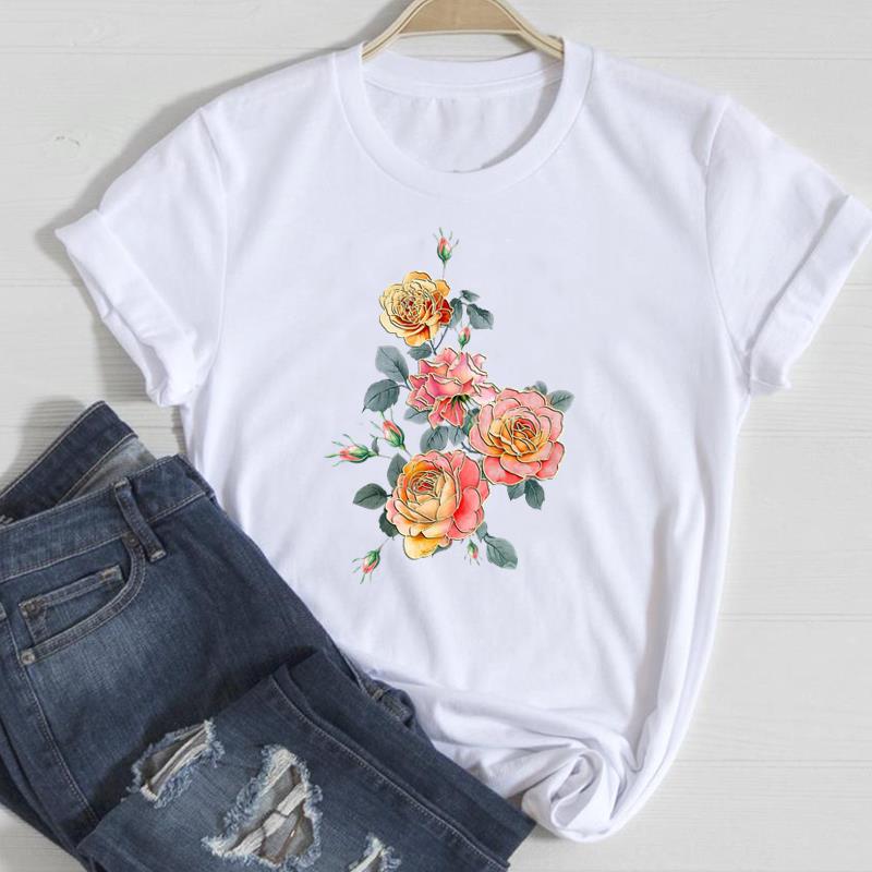 (Asiatische Größe) Frauen Schöne Stil Blume Floral Trend Print T Top Kleidung Mode T-shirt Dame Weibliche Casual Kurzarm Grafik T-shirt