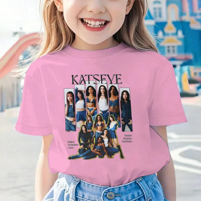 KATSEYE Potisk Tričko pro Děti Ležérní Letní Top s Vzorom Katseye Krátký Rukáv Tričko Mladá Dívka Streetwear Módní Topy