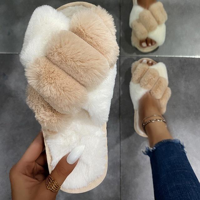 Design clasic pentru femei, papuci cu blană pentru casă de iarnă, papuci pufosi din blană artificială, tobogane pentru acasă, pantofi plat de modă pentru podea de interior, pantofi de damă.