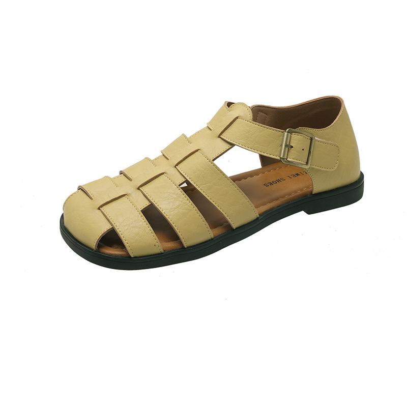Summer New One-word Sandals Metal Buckle Bag Head Rubber Flat Bottom Low Heel Roman Sandals Women