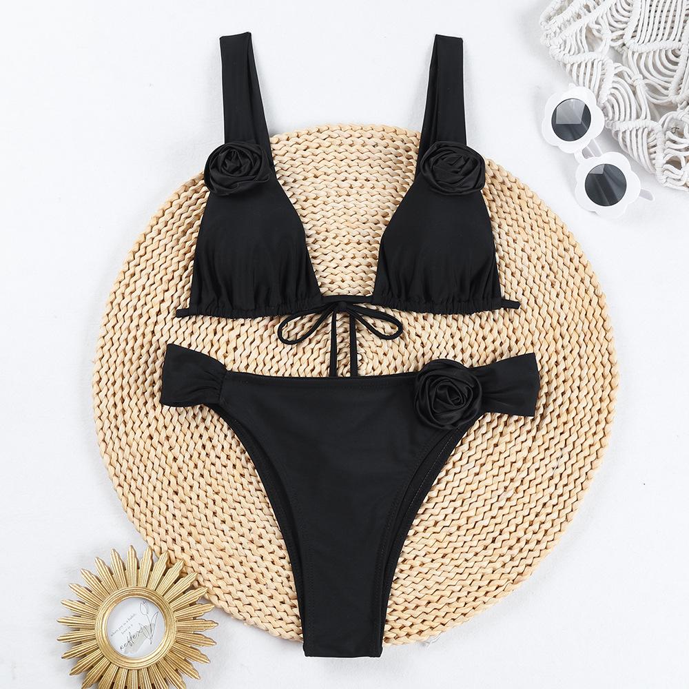 Swimsuit Female Solid Color 3D Flower Bikini Split Flat Chest Strap Swimsuit Fashion Beach Bikini Set