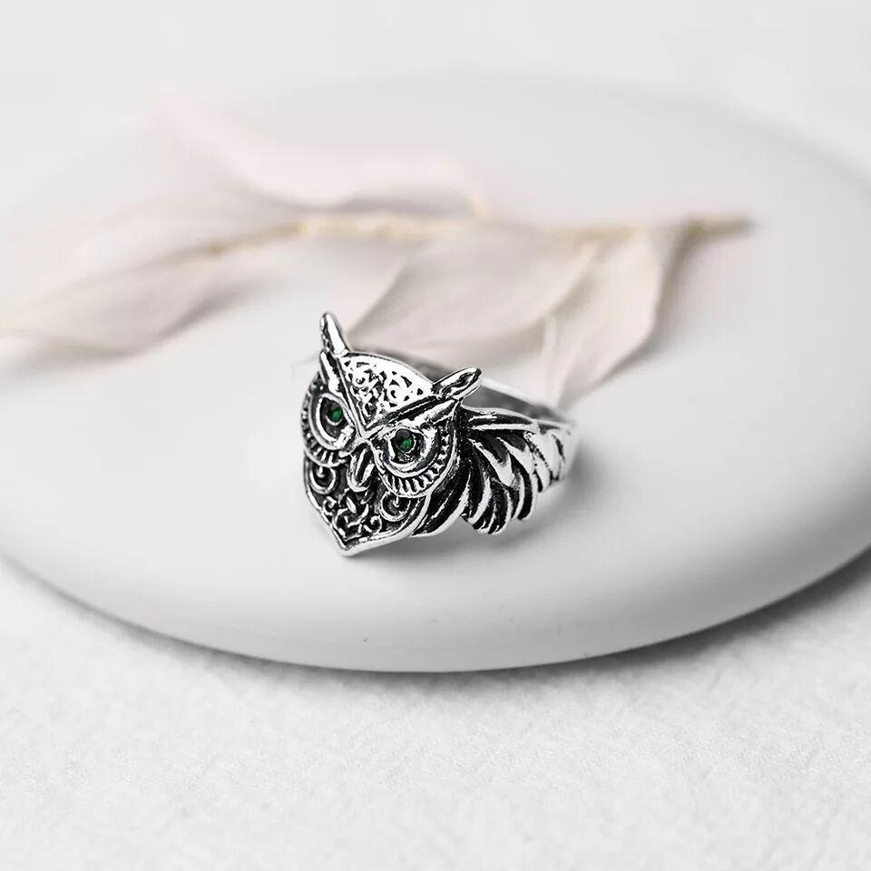 Retro Green Eye Owls Ring For Men Silver Punk Gothic Adjustable Handmade Rock Hiphop Biker Jewelry Gift