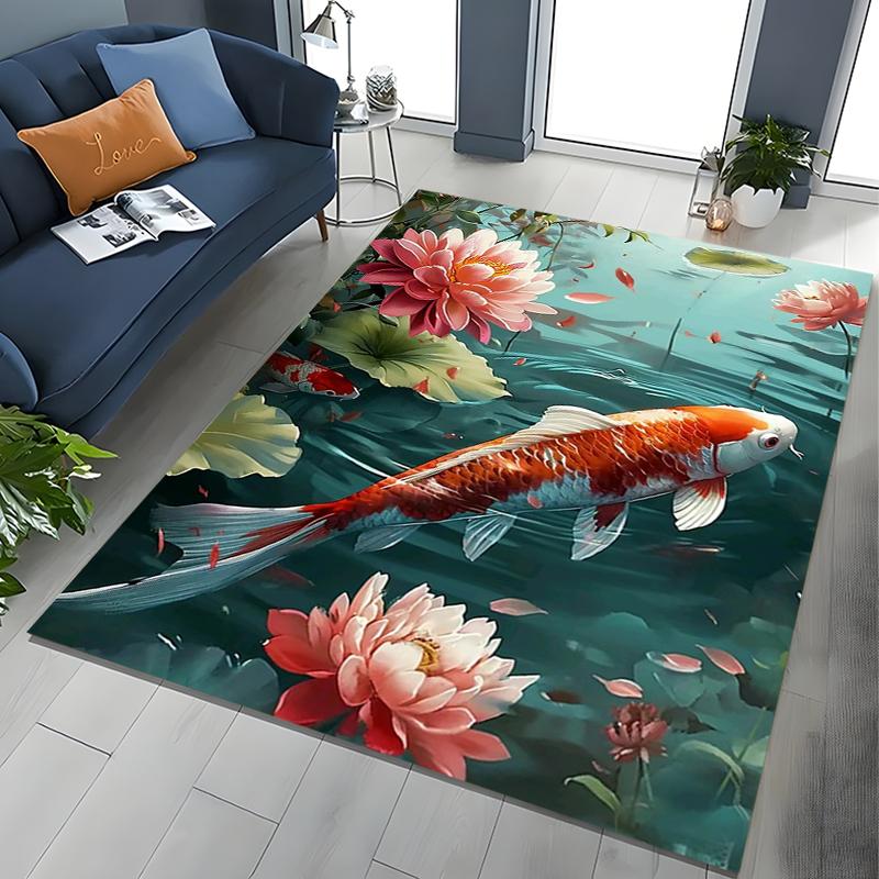 2026 Nouveau Tapis Rétro Poisson Koi Lotus 3D pour Chambre à Coucher Salon Canapé Tapis de Sol Maison Décoration,Grand Tapis de Sol Antidérapant pour Jeux d'Enfants