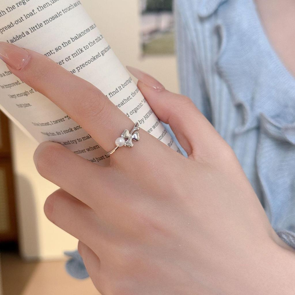 S925 Sterling Silver 18k Gold Plated Pearl Ring, Women's Cold Style Four-Leaf Clover High-End Design