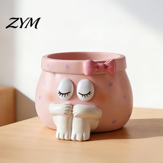 Pink Aesthetic Decor Cute Cartoon Girl Pen Holder, Resin Makeup Brush Decorative Desktop Niche Office Supplies Organizer with Bow Design, Sundries