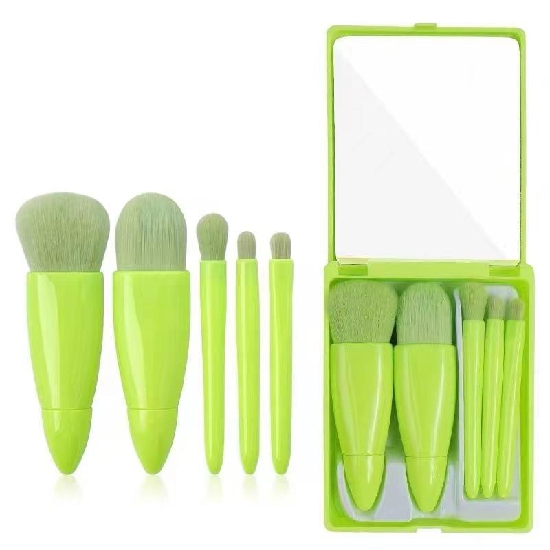 Portable 5 Makeup Brushes, Travel Set with Mirror, Mini Multi-functional Powder Brush and Foundation Brush Eye Shadow Brush