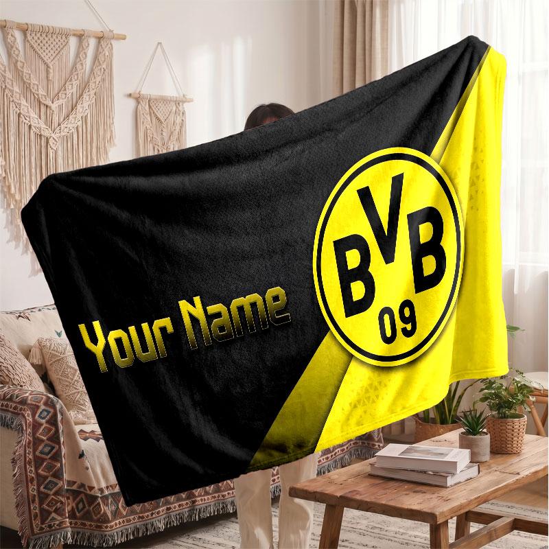 Gepersonaliseerde Fleece Deken van Borussia Dortmund met Voetbal Logo, Zachte Warme Huis Plaid met Aangepaste Naam Tekst