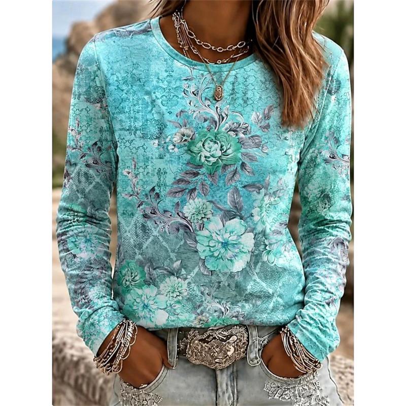 2026 Autumn New Women's Long-Sleeved Round Neck Casual T-Shirt with Colorful Floral Print Plant Elements Outdoor Chic Top