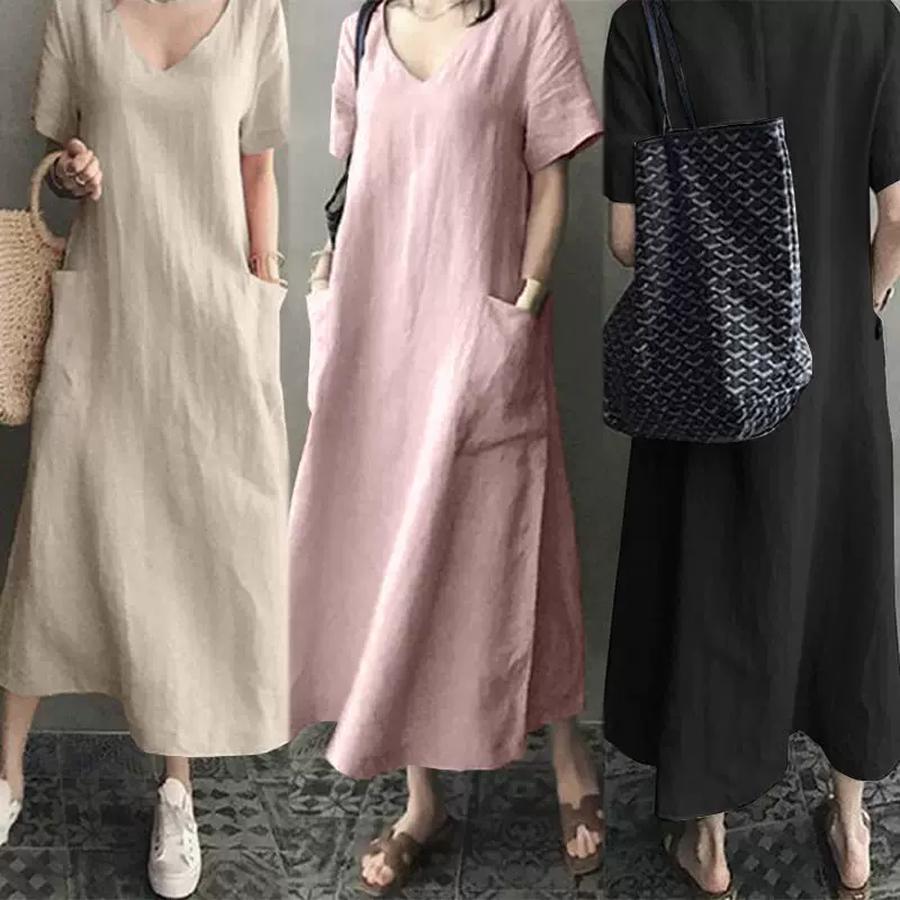 Robe Bohème d'Été Style Créatif Style Chinois Rétro pour Femmes en Coton et Lin à Col en V Lâche Coupe Trapèze