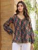 Blue Floral Printed V-Neck Pintuck Cotton Top