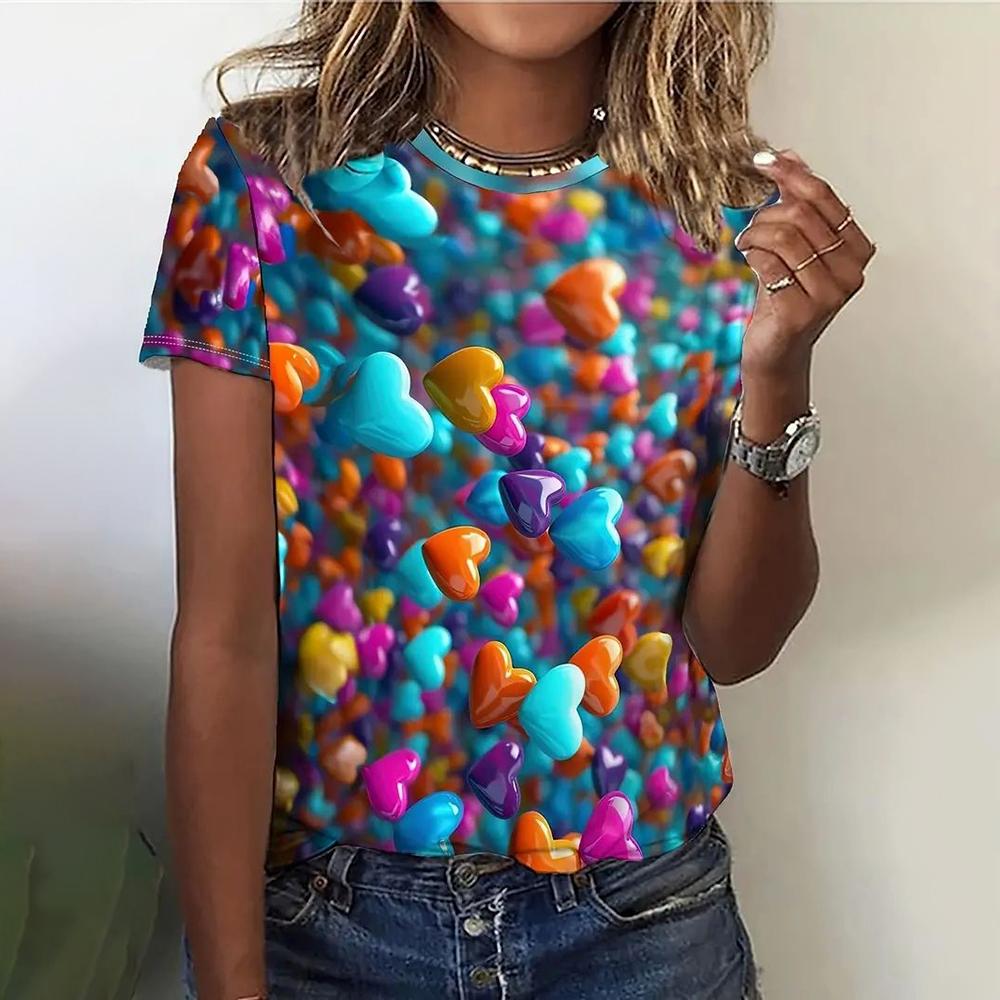 Rainbow Heart Love 3D Print Women Summer Round Neck Short Sleeve Y2k Harajuku Oversized Woman Clothing