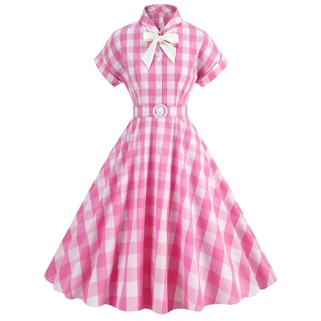 Classic Audrey Hepburn Style Pink Checkered Dress With Collar And Bow Tie
