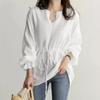 Chemises Manches Longues Col V Mode Grandes Tailles Femme Élégantes Cordon de Serrage Lacées Solides Amples Blouses Femme Tops Élégant Décontracté Chemise Ample Nouveau 26026