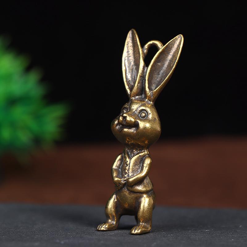 Mosiężny Wisiorek Brelok Zwierzę Królik Figurka Brelok Szczęśliwy Królik Statuetka Ornament Retro Rzeźba Dekoracja na Biurko do Domu
