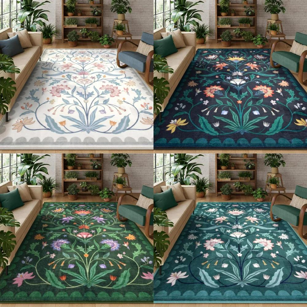 Dywaniki Retro Boho Floral Zmywalne Ciemny Teal do Dekoracji Sypialni Salonu Salonu Balkonu Mata Stolik Kawowy Dywan do Jadalni