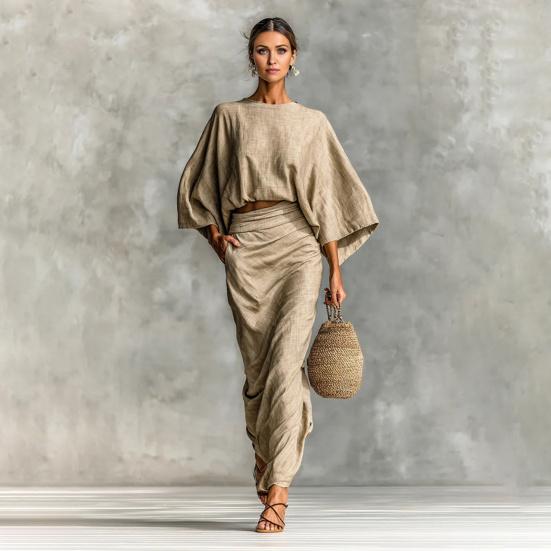 Summer 2 Piece Skirt Sets for Women Batwing Long Sleeve Top And High Waist Ruched Maxi Skirt Matching Set Summer Vacation