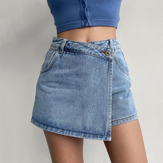 Mini Denim Skirt Shorts Women A-line Fake Two-piece High Waist Tummy Control Slim Vintage Summer Asymmetrical Streetwear Student Shorts