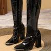 Fashion Metal Square Toe Block Heel Single Boots Autumn New Patent Leather Side Zip Anti-Slip Wear-Resistant Tall Boots