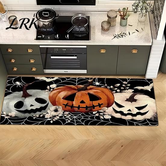 Non-slip Kitchen Rug Halloween Rug, Pumpkin Bat Black Cat Floor Mat, Anti-slip Mat Spooky Entrance Festive Decorative for Bedroom Living Room Durable