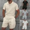 Heren Zomer Wafel Effen Kleur Rits Revers Korte Mouw Pak Shorts Twee Sets