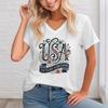 Retro Independence Day T-shirts Short Sleeve V-neck Tops USA Floral Retro Design Shirt USA 250th Anniversary T-shirt
