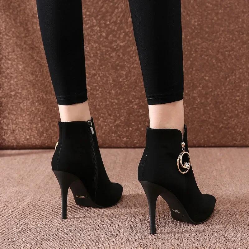 Black Suede Ladies High Heels 2024 New Pointed Toe Women's Boots Sexy Stiletto Fashion Modern Boots Simple Elegant Dress Shoes
