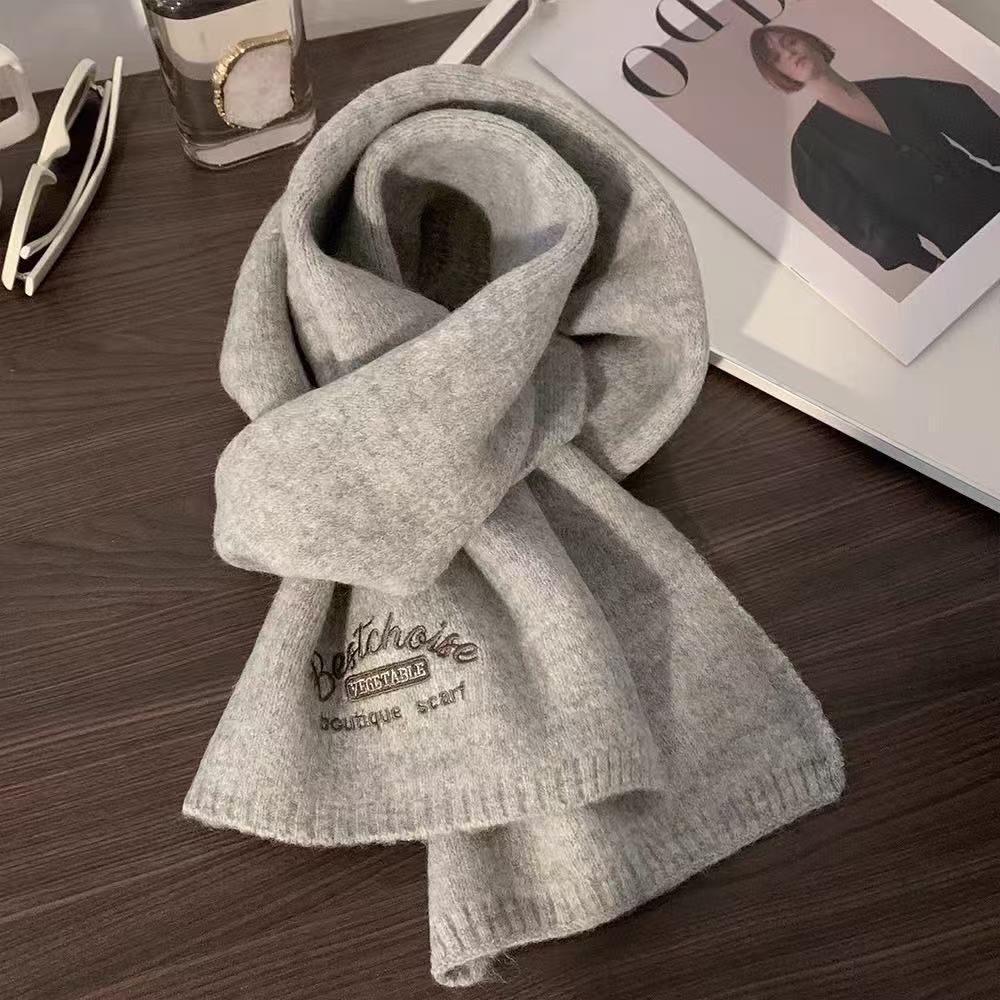 Korean Version of Cute Puppy Knitted Wool Scarf Women's Winter Atmosphere Versatile Embroidery Warm Student Scarf Neck Protection